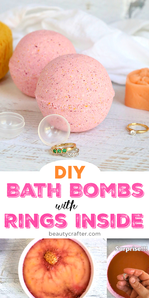 DIY Bath Bombs with Rings Inside - Make your own homemade bath bombs with jewelry inside! Tutorial with video of how to make the bath bombs & reveal of bath bomb in water and ring. Includes Bergamot and Vanilla bath bomb recipe too!#DIYGifts #partyIdeas #crafts #bathbombs