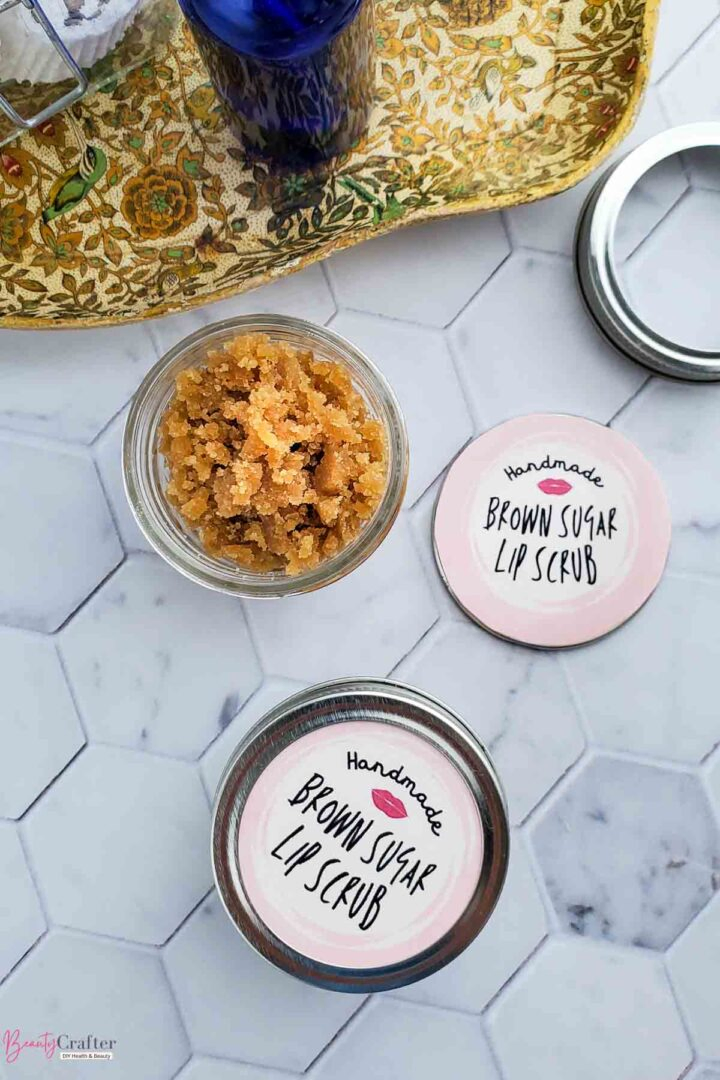 homemade lip scrub in jars with printed labels