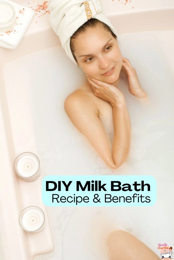 woman in warm bath with milk overtext is DIY Milk Bath Recipe and Benefits