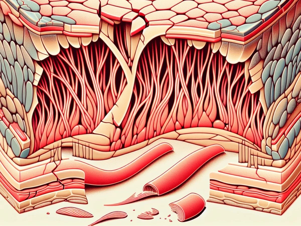 Illustration of broken collagen and elastin fibers in the skin