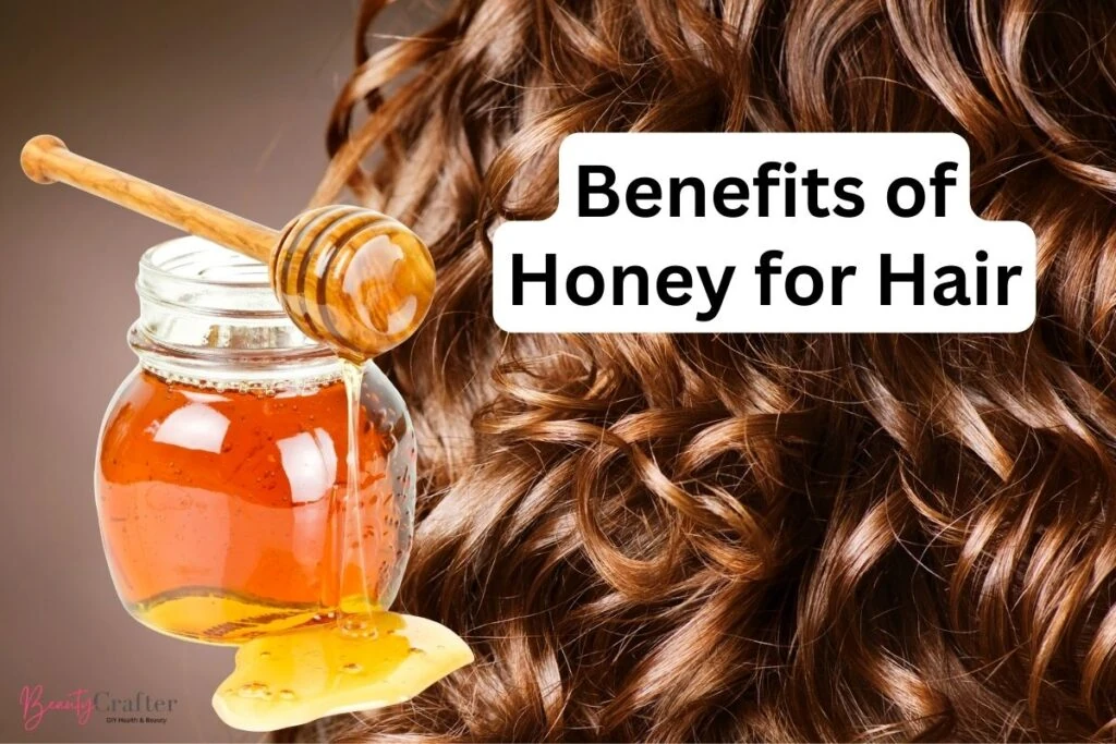 benefits of honey for hair with jar of honey and woman with long curly hair